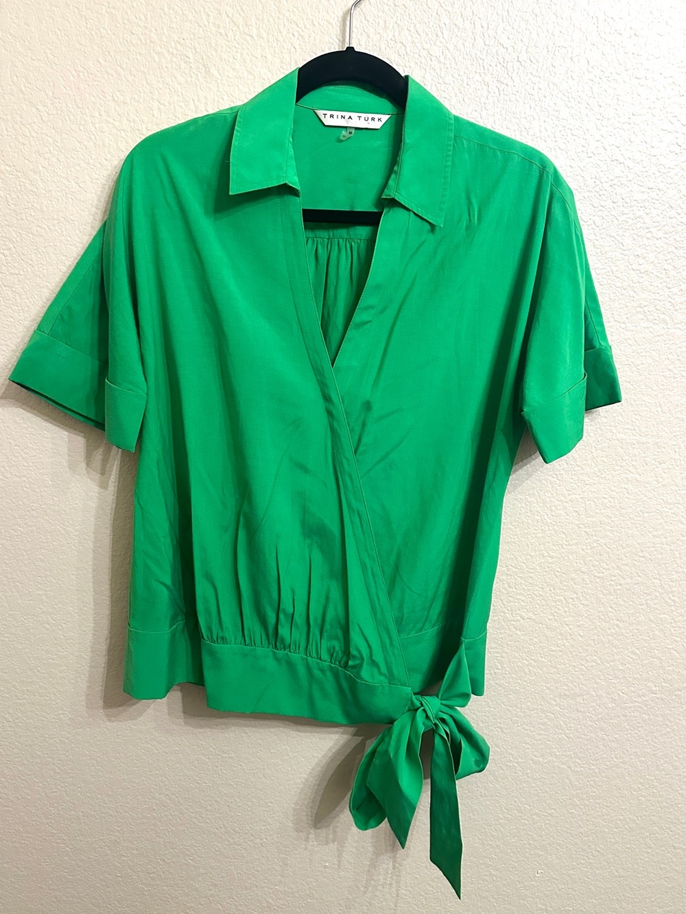 Trina Turk Green Cotton Silk Tie Front Blouse Top Size M